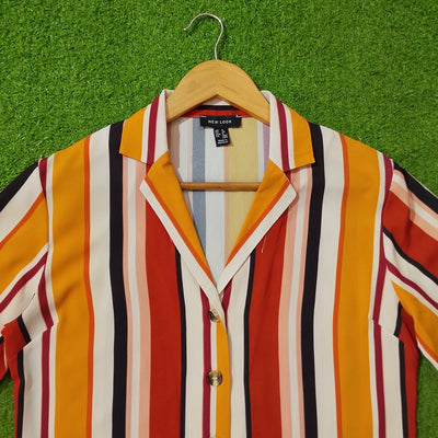 Multicolor Vertical Stripe Short Sleeve Crinkle Chiffon Shirt - Collar Detail - alternate view