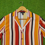 Multicolor Vertical Stripe Short Sleeve Crinkle Chiffon Shirt - Collar Detail