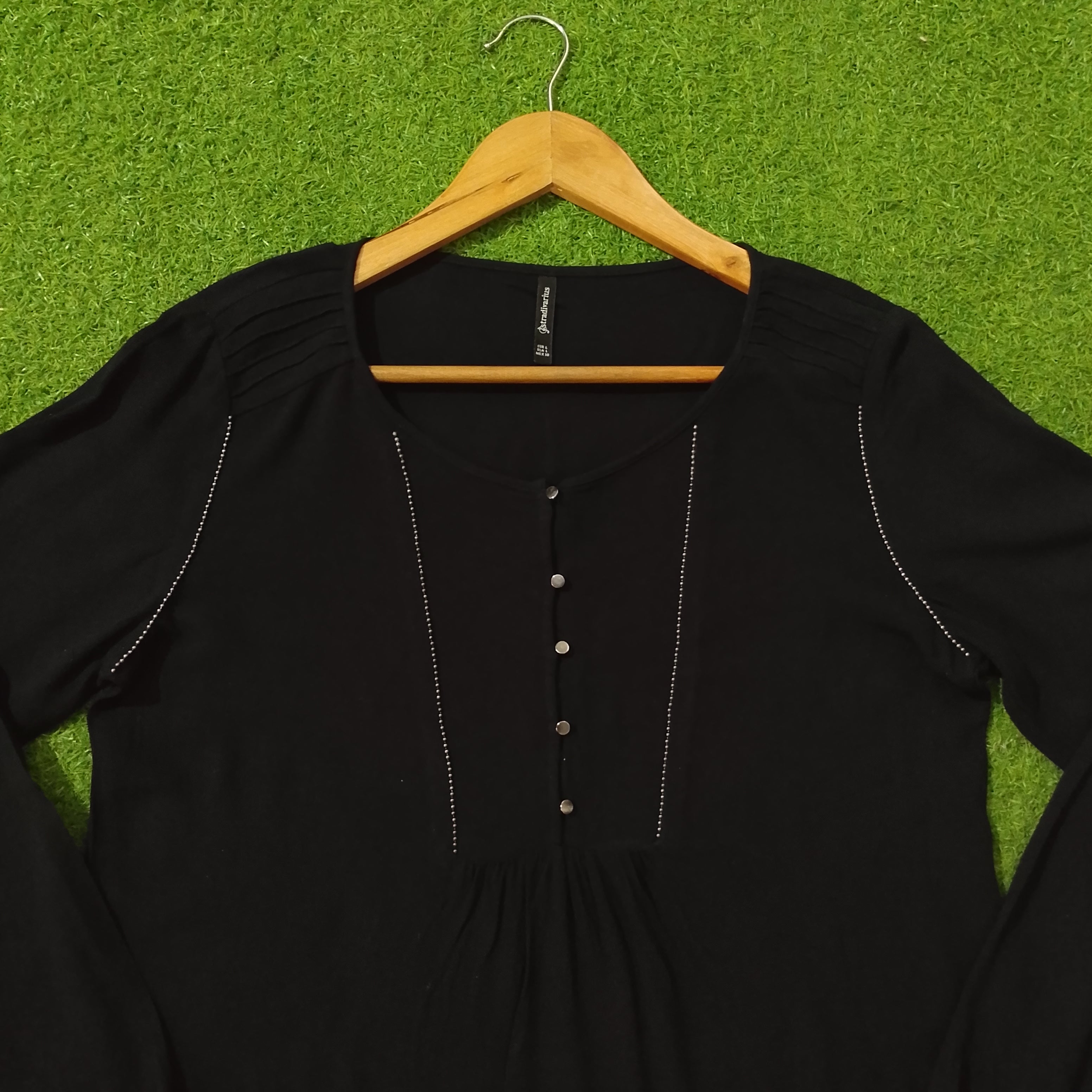 Black Rhinestone Detail Square Neck Crinkle Chiffon Top - Front
