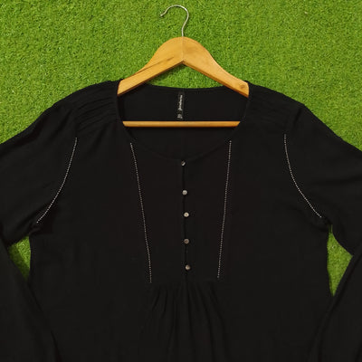 Black Rhinestone Detail Square Neck Crinkle Chiffon Top - Front