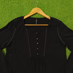 Black Rhinestone Detail Square Neck Crinkle Chiffon Top - Front