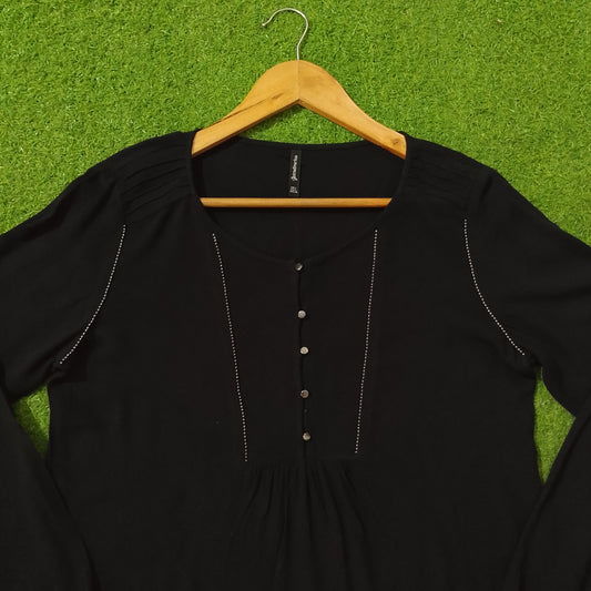 Black Rhinestone Detail Square Neck Crinkle Chiffon Top - Front