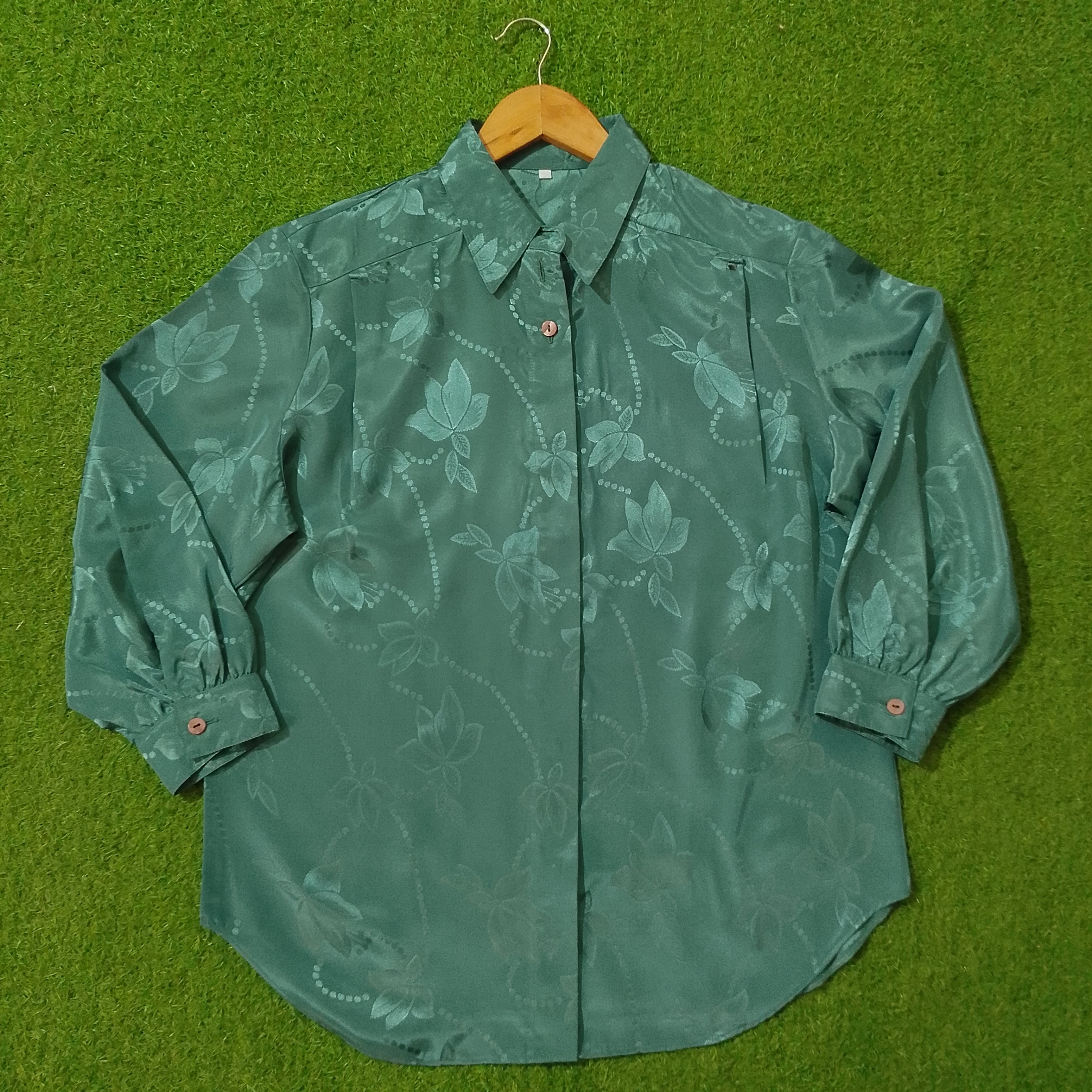 Teal Floral Jacquard Silk Button-Down Shirt - Full View