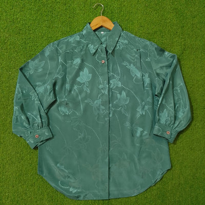 Teal Floral Jacquard Silk Button-Down Shirt - Full View