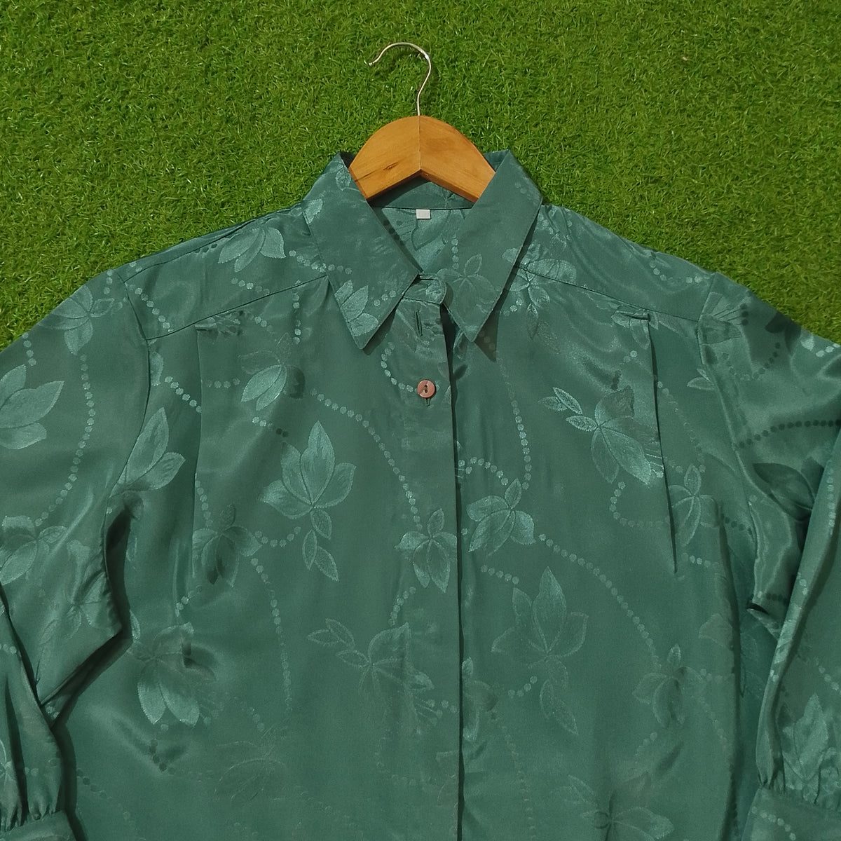 Teal Floral Jacquard Silk Button-Down Shirt - Detail