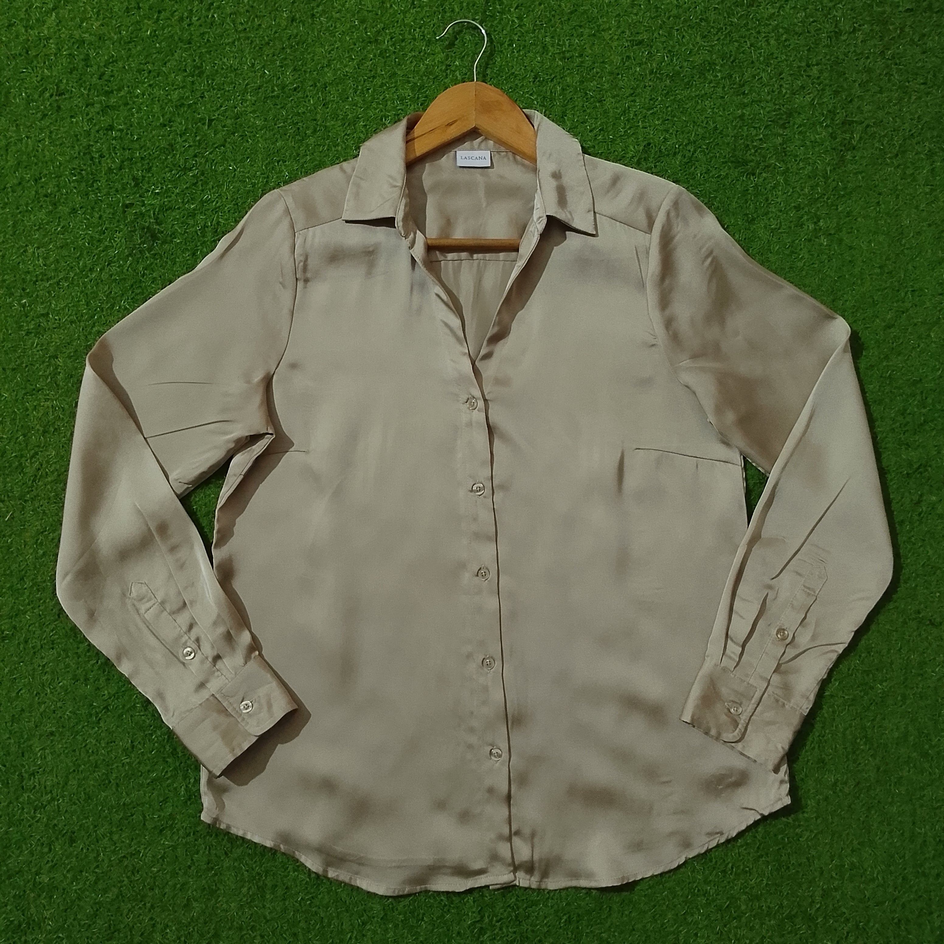 Beige Glossy Silk Button-Down Shirt - Full View