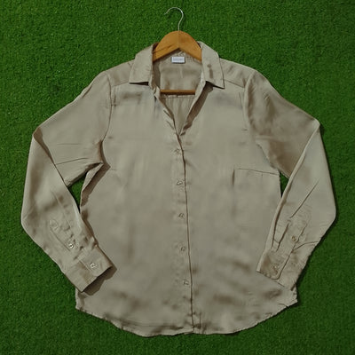 Beige Glossy Silk Button-Down Shirt - Full View
