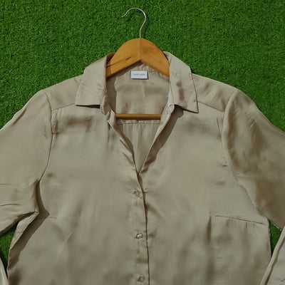 Beige Glossy Silk Button-Down Shirt - Collar & Pocket Detail - alternate view