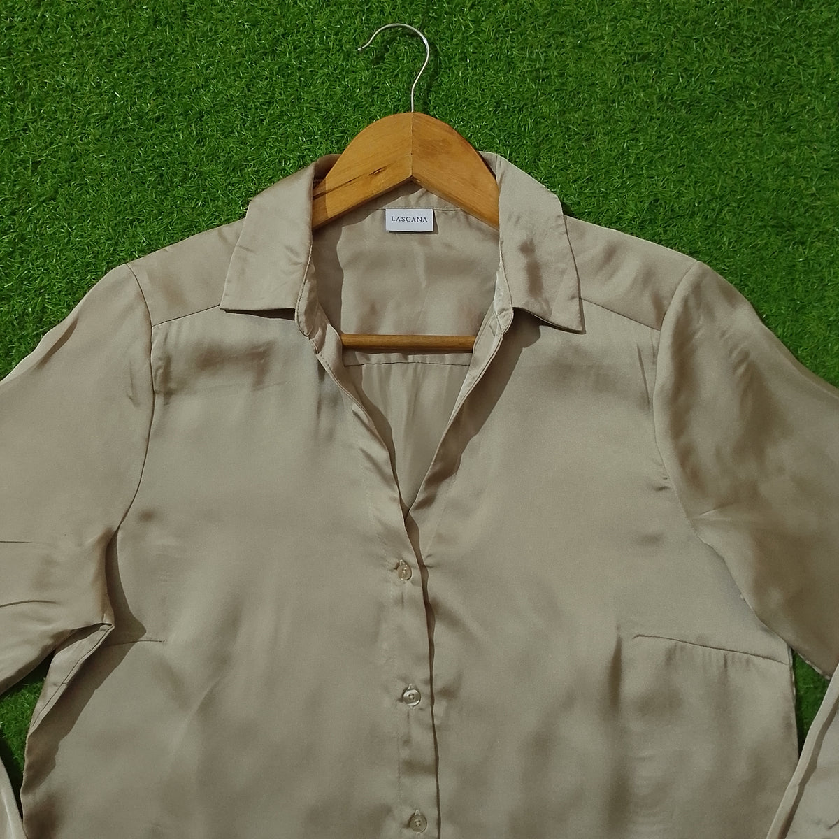 Beige Glossy Silk Button-Down Shirt - Collar & Pocket Detail