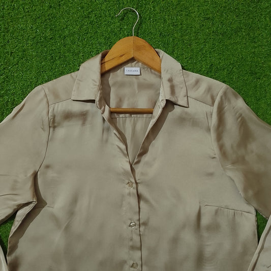 Beige Glossy Silk Button-Down Shirt - Collar & Pocket Detail - alternate view