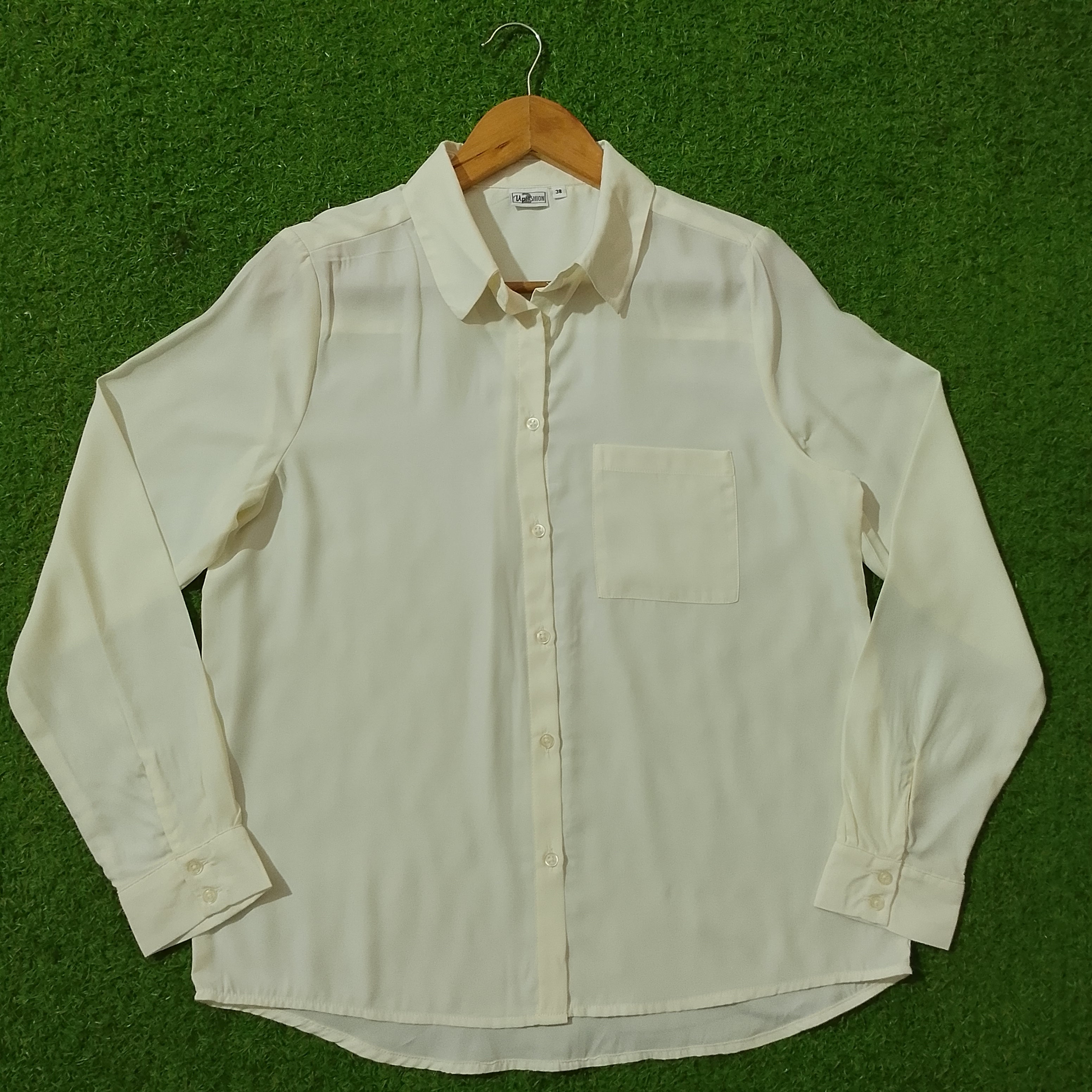 Cream Silk Button-Down Shirt with Chest Pocket - Full View
