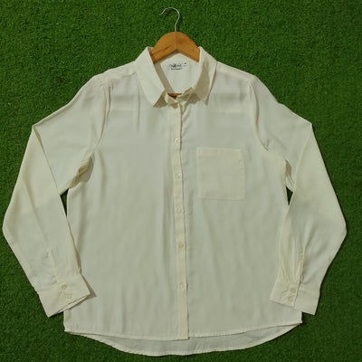 Cream Silk Button-Down Shirt with Chest Pocket - Full View
