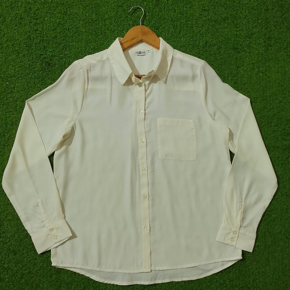 Cream Silk Button-Down Shirt with Chest Pocket - Full View