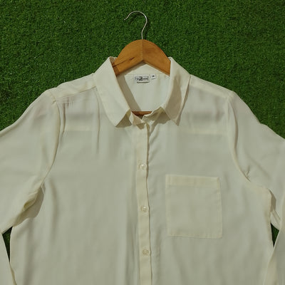 Cream Silk Button-Down Shirt with Chest Pocket - Detail View - alternate view