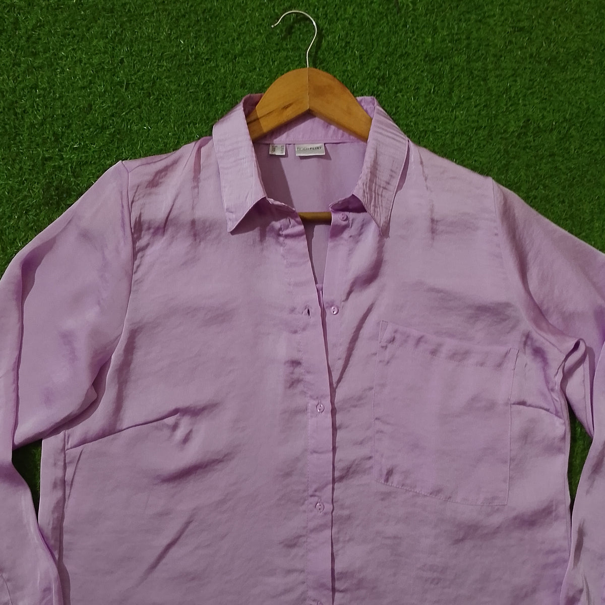 Lilac Satin Button-Down Shirt with Chest Pocket - Detail View