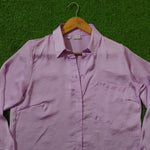 Lilac Satin Button-Down Shirt with Chest Pocket - Detail View