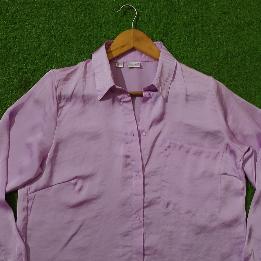 Lilac Satin Button-Down Shirt with Chest Pocket - Detail View - alternate view
