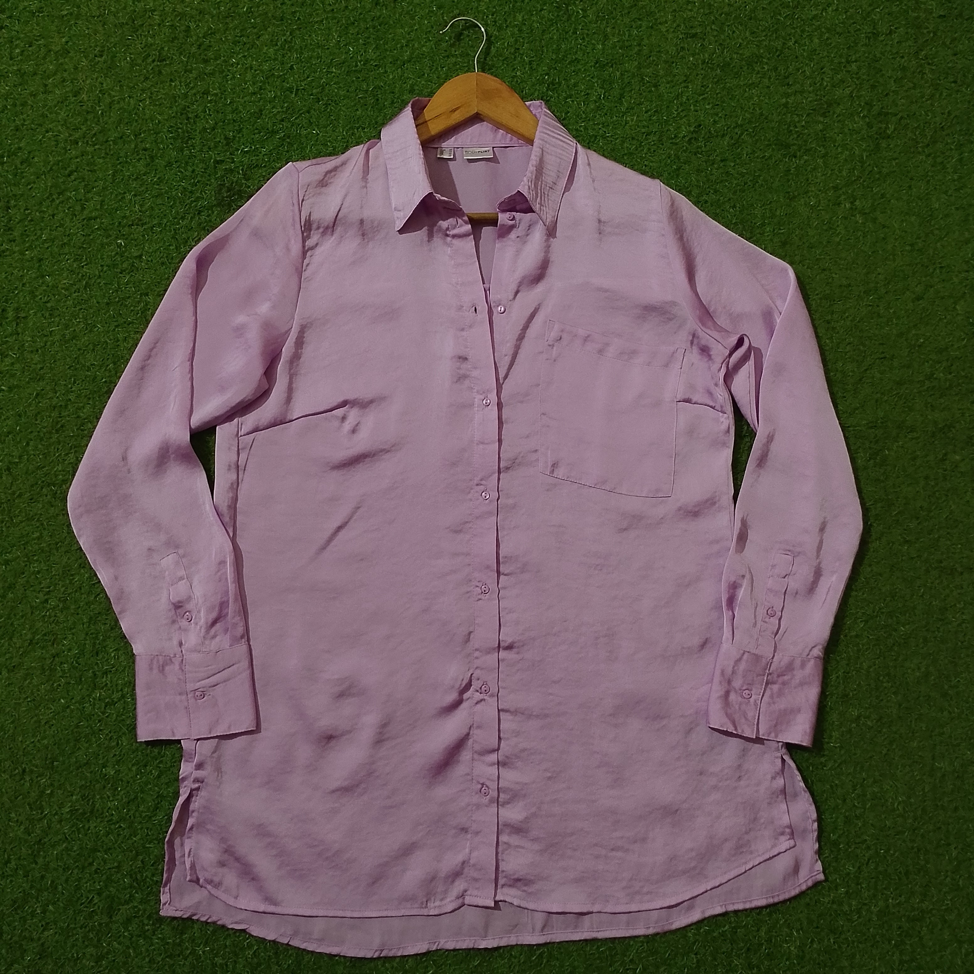 Lilac Satin Button-Down Shirt with Chest Pocket - Full View