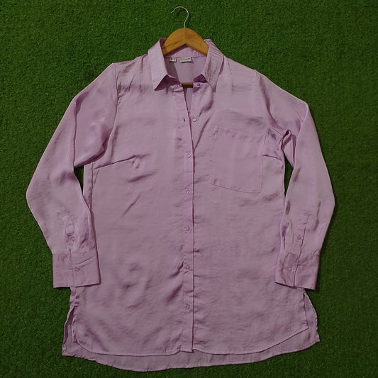 Lilac Satin Button-Down Shirt with Chest Pocket - Full View