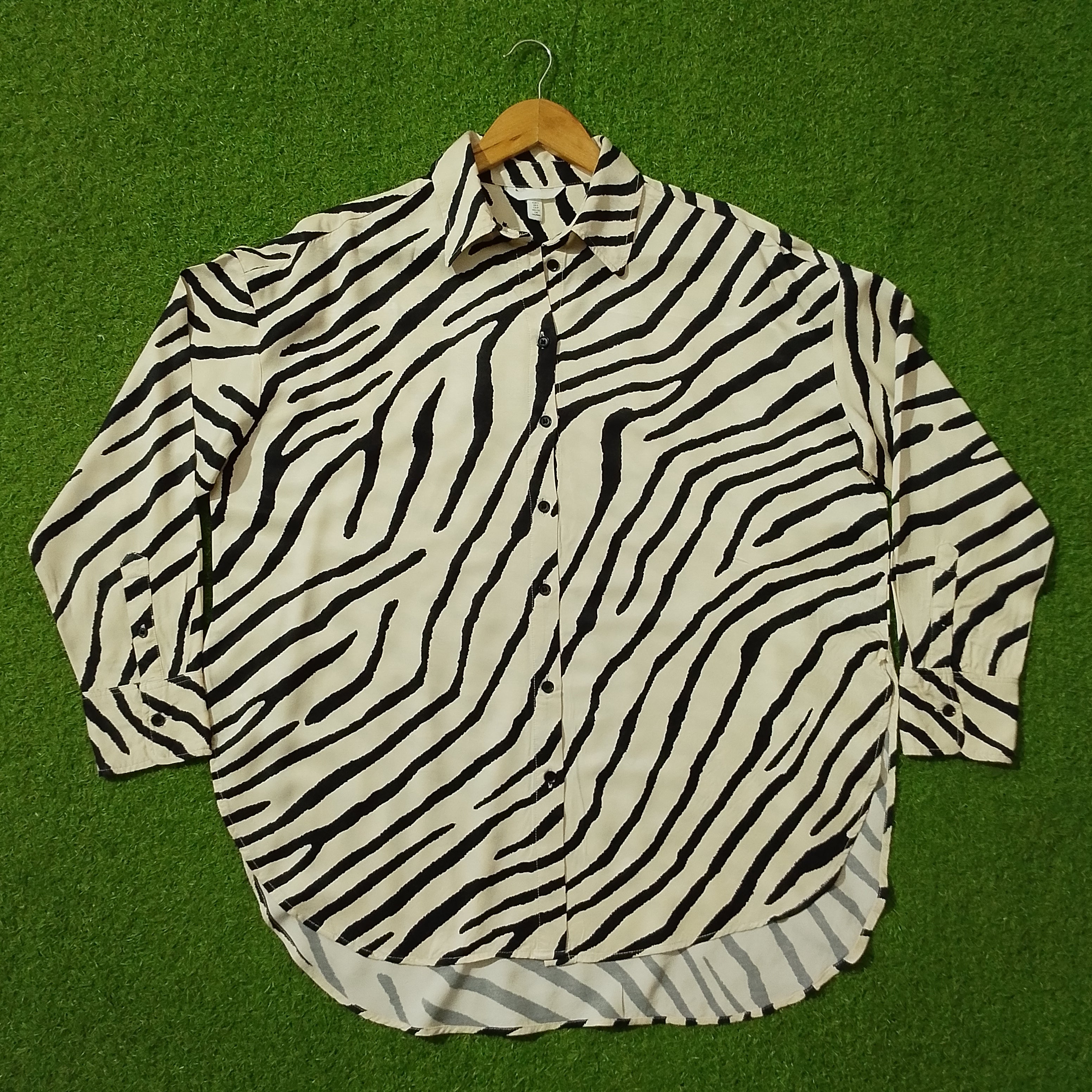 Black White Zebra Print Drop Shoulder Silk Shirt - Front