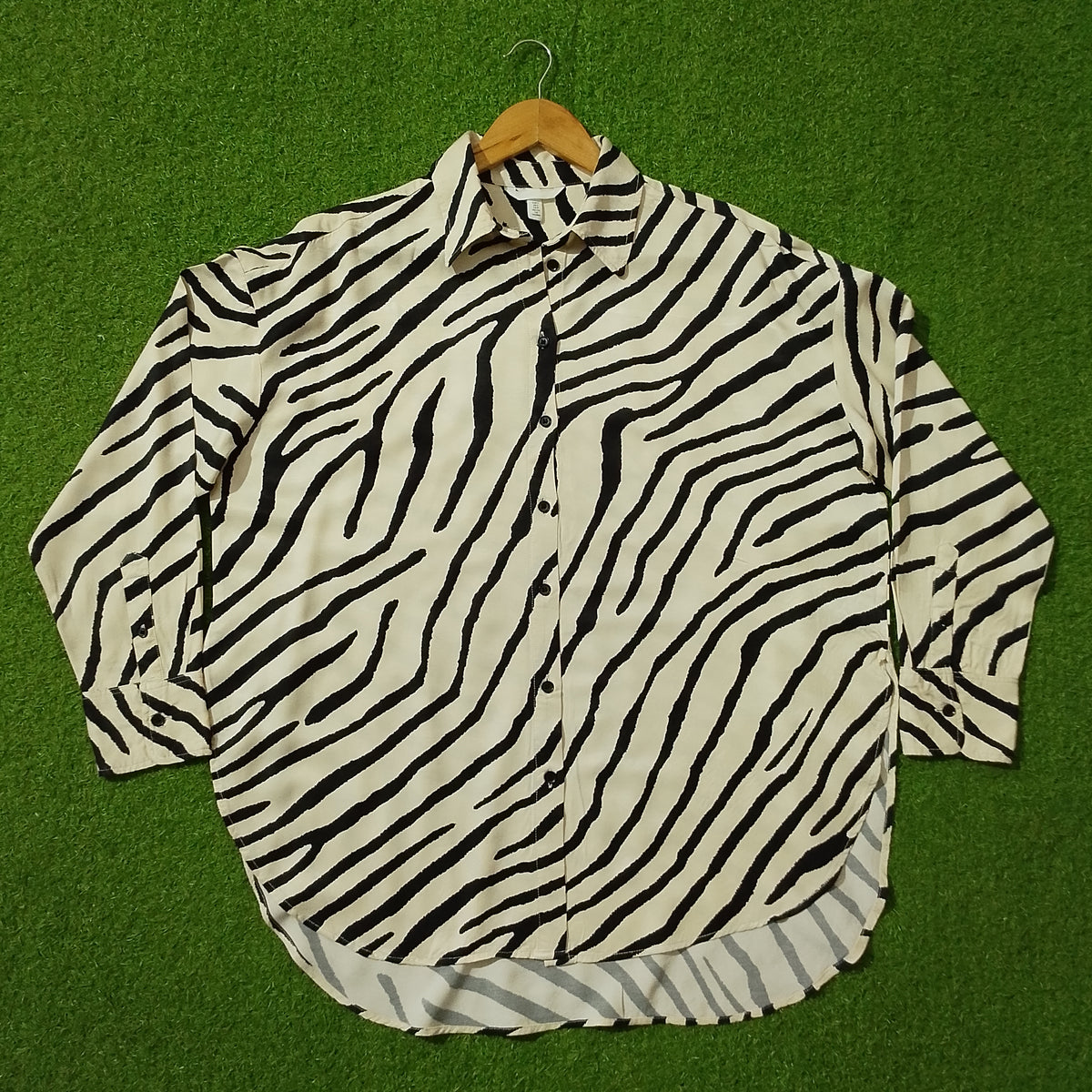 Black White Zebra Print Drop Shoulder Silk Shirt - Front