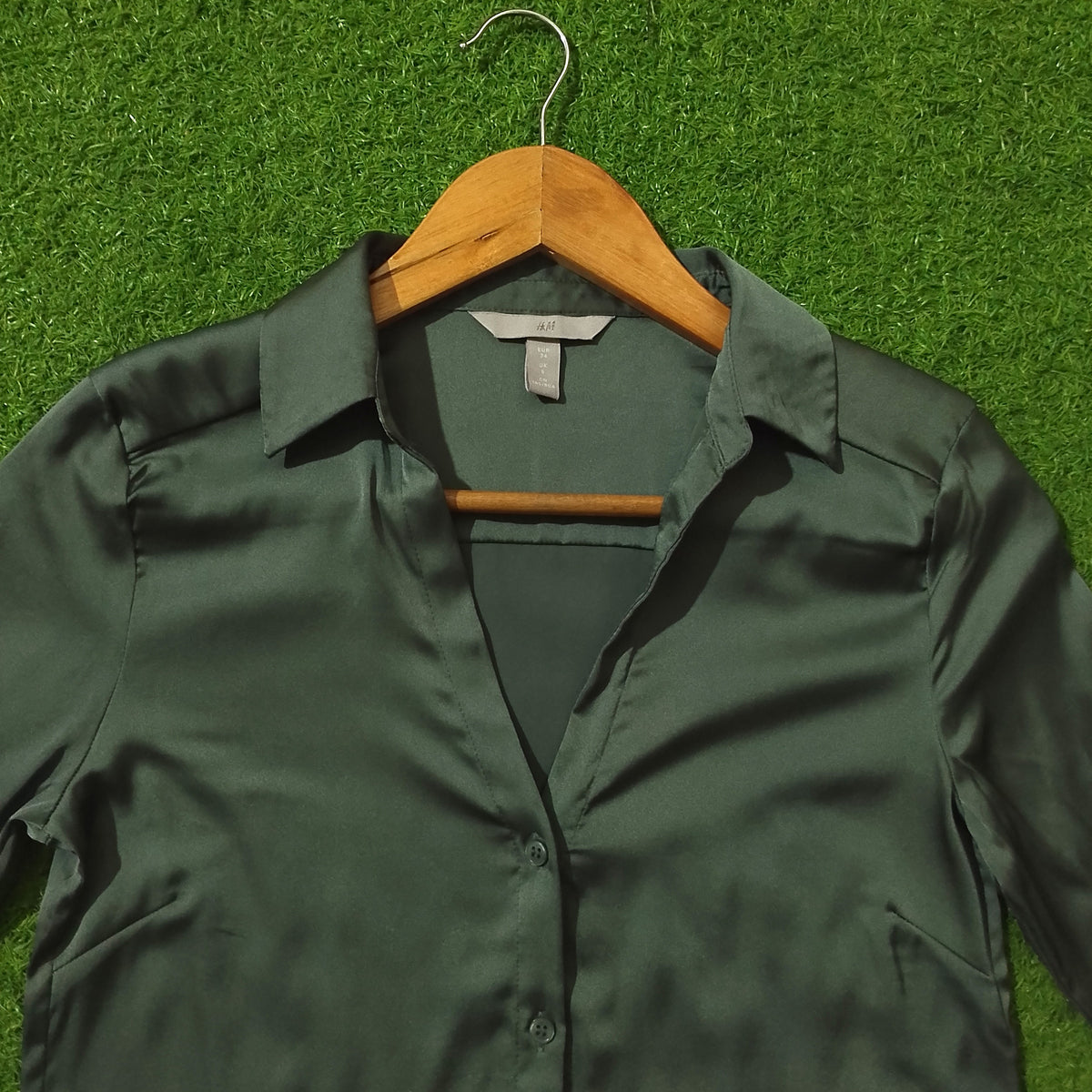 Dark Teal Satin Silk V-Neck Button-Down Shirt - Collar Detail