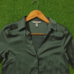 Dark Teal Satin Silk V-Neck Button-Down Shirt - Collar Detail