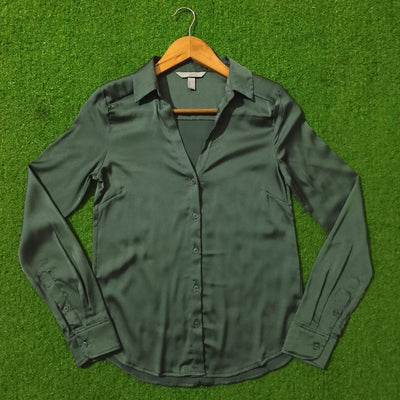 Dark Teal Satin Silk V-Neck Button-Down Shirt - Full View - alternate view