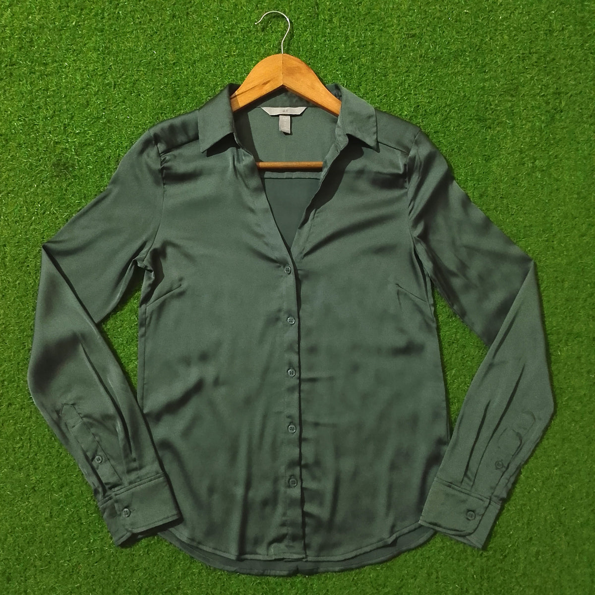 Dark Teal Satin Silk V-Neck Button-Down Shirt - Full View