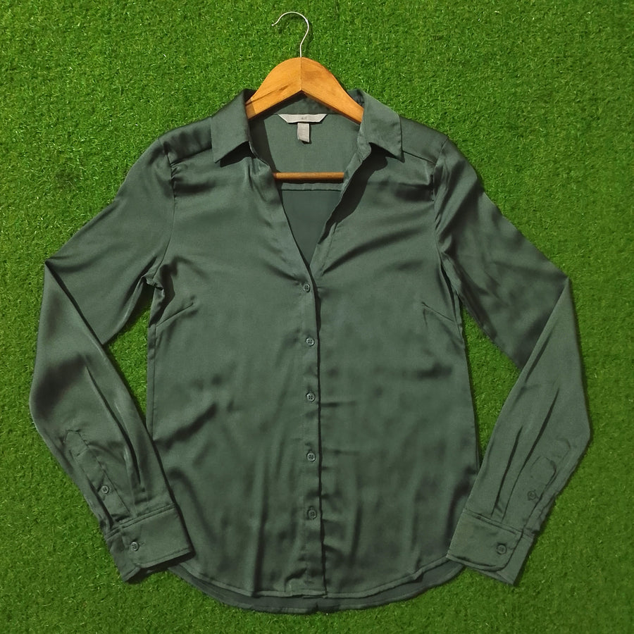 Dark Teal Satin Silk V-Neck Button-Down Shirt - Full View - alternate view