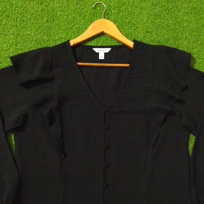 Black Ruffle Shoulder V-Neck Crush Chiffon Blouse - Neckline Detail - alternate view