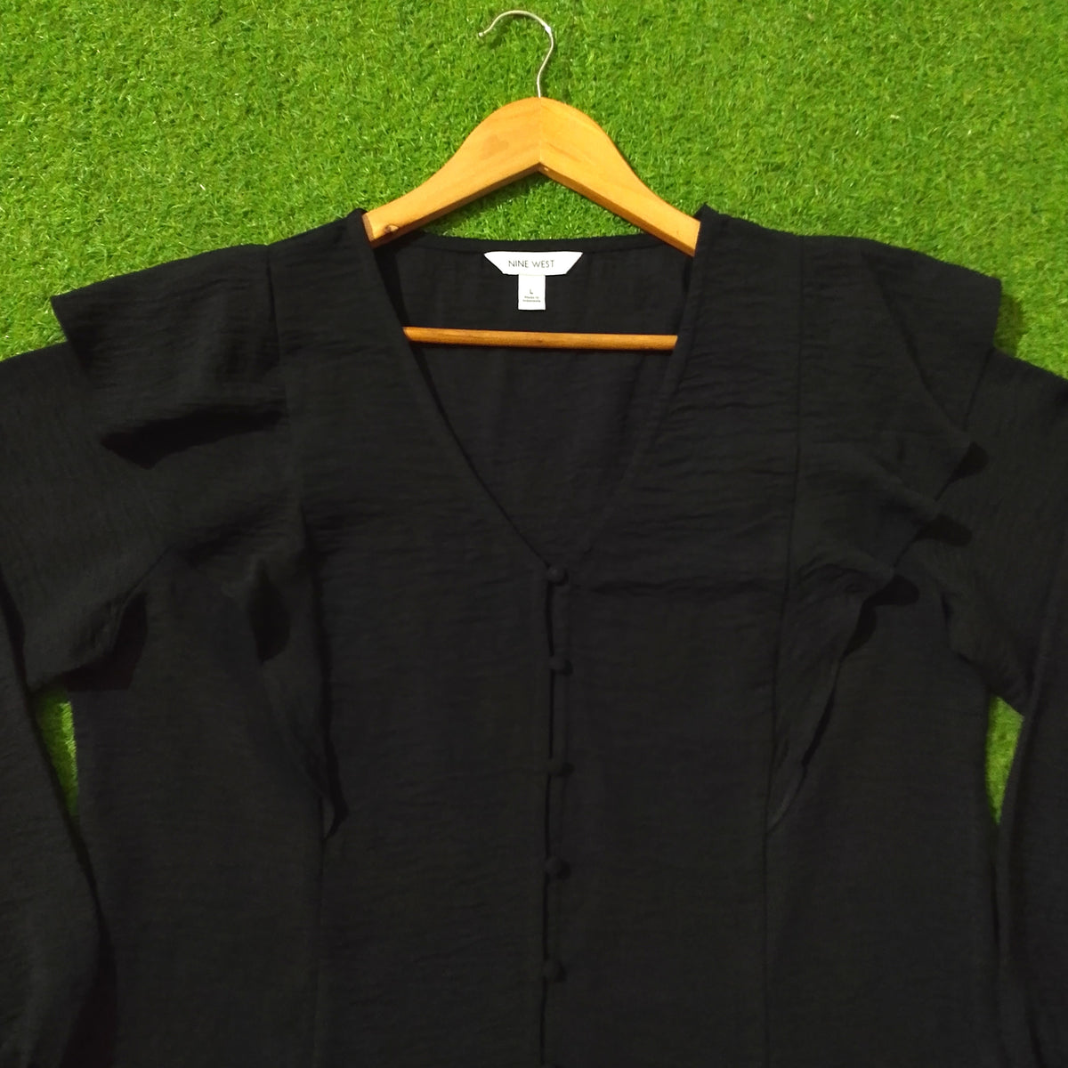 Black Ruffle Shoulder V-Neck Crush Chiffon Blouse - Neckline Detail