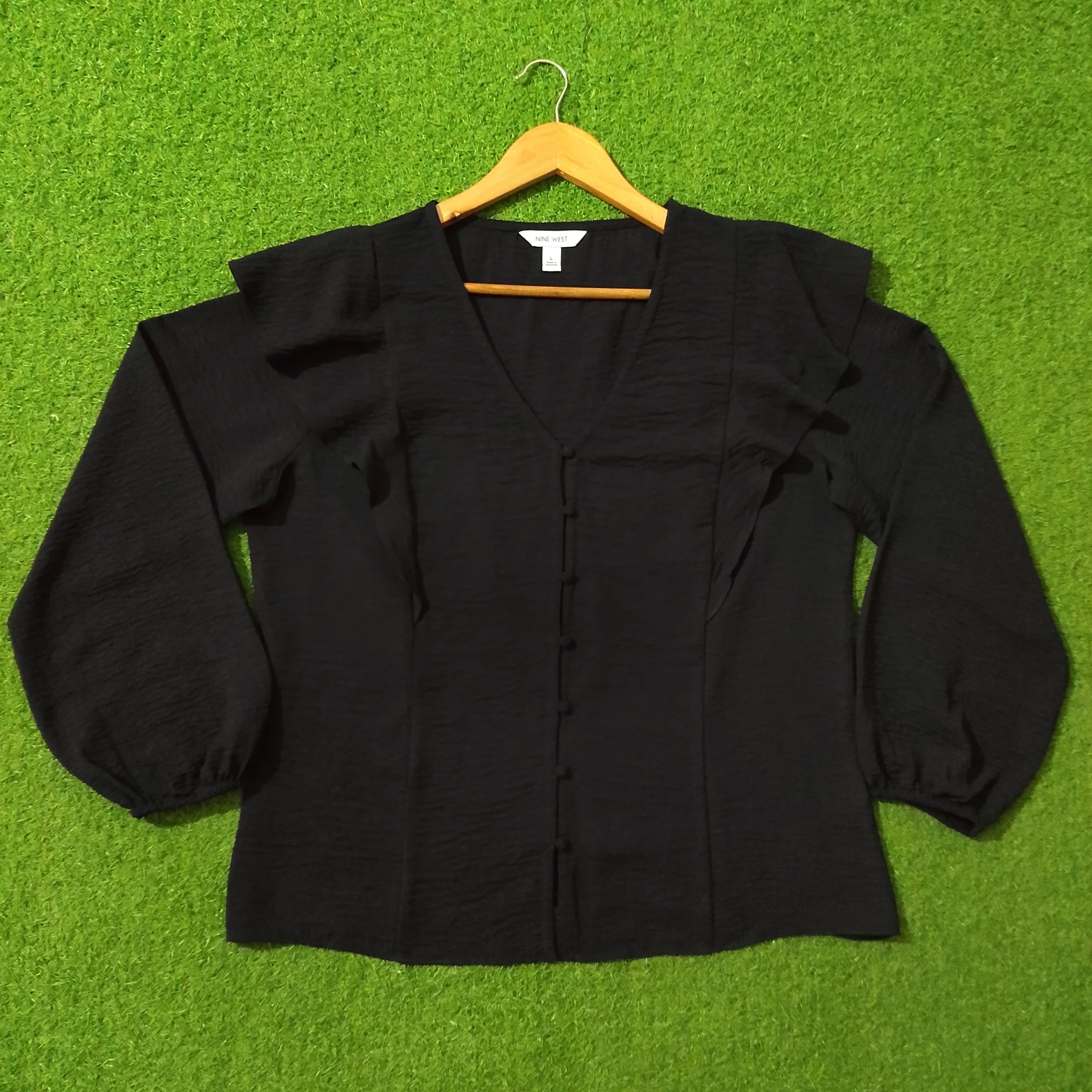 Black Ruffle Shoulder V-Neck Crush Chiffon Blouse - Full View