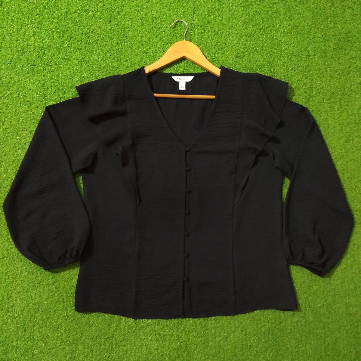 Black Ruffle Shoulder V-Neck Crush Chiffon Blouse - Full View