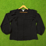 Black Ruffle Shoulder V-Neck Crush Chiffon Blouse - Full View