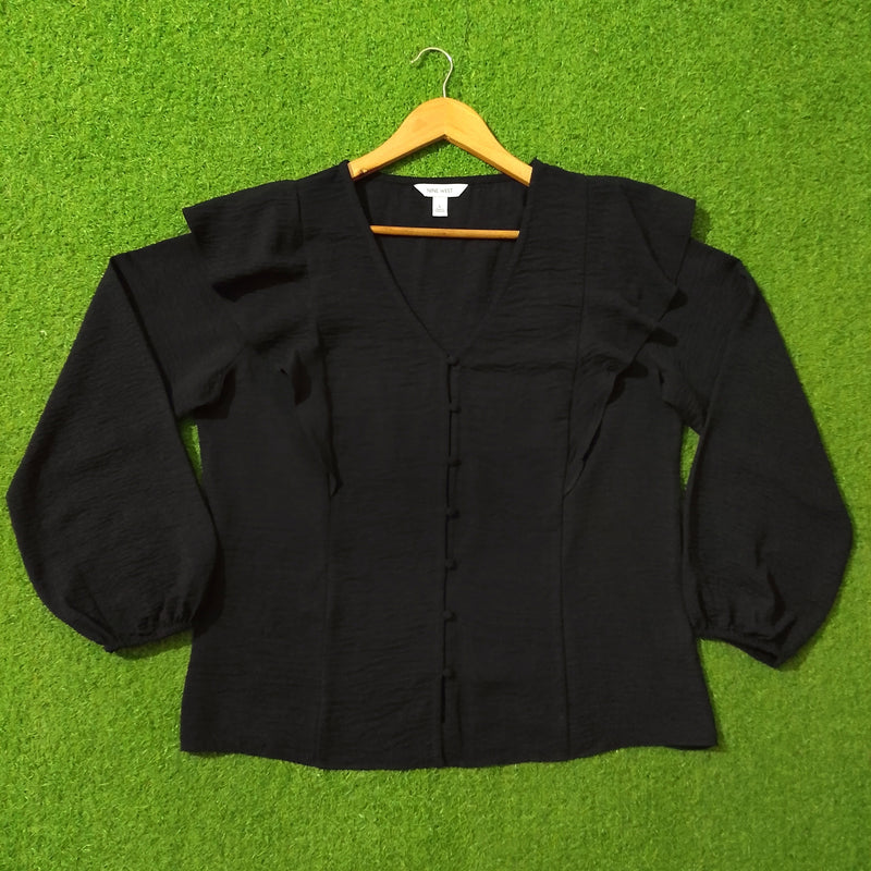 Black Ruffle Shoulder V-Neck Crush Chiffon Blouse - Full View