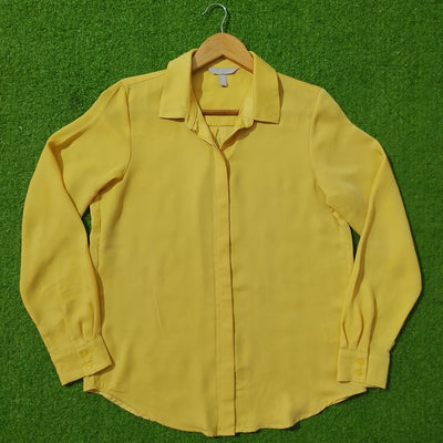 Mustard Yellow Concealed Button Chiffon Shirt - Full View - alternate view