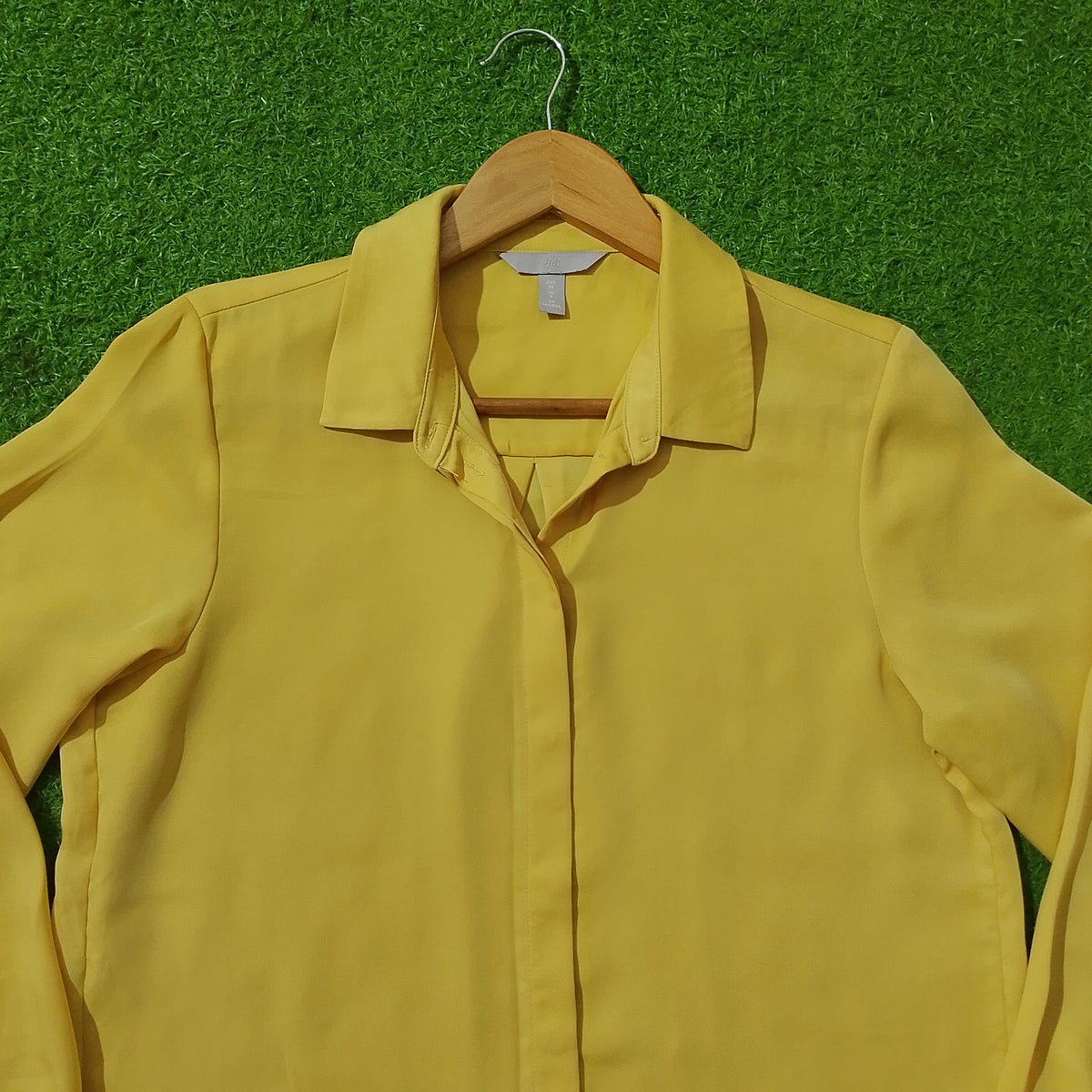 Mustard Yellow Concealed Button Chiffon Shirt - Collar Detail