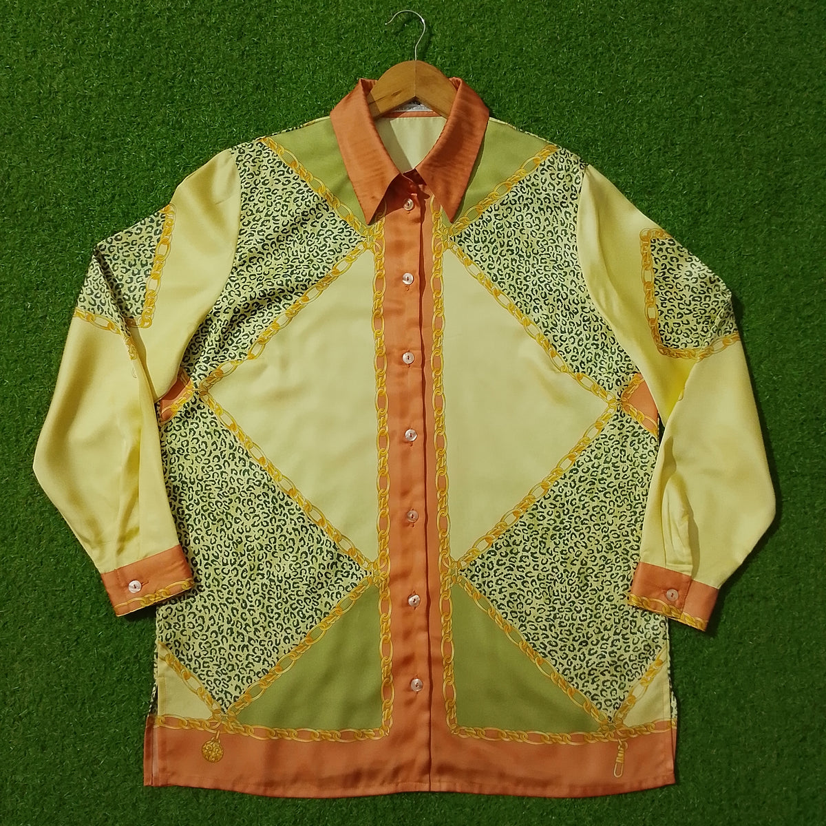 Yellow Orange Chain Leopard Print Satin Shirt - Full View