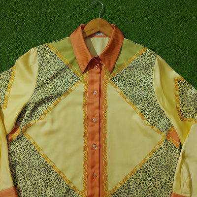 Yellow Orange Chain Leopard Print Satin Shirt - Detail View