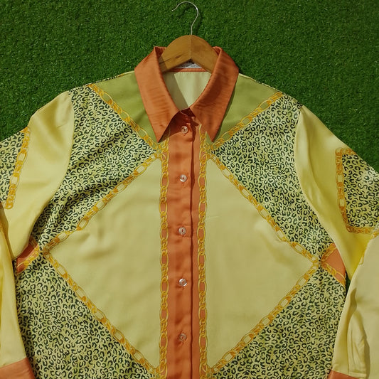 Yellow Orange Chain Leopard Print Satin Shirt - Detail View