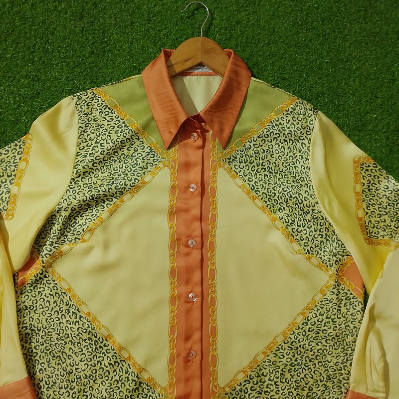 Yellow Orange Chain Leopard Print Satin Shirt - Detail View