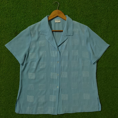 Sky Blue Geometric Embroidered Short Sleeve Chiffon Shirt - Full View