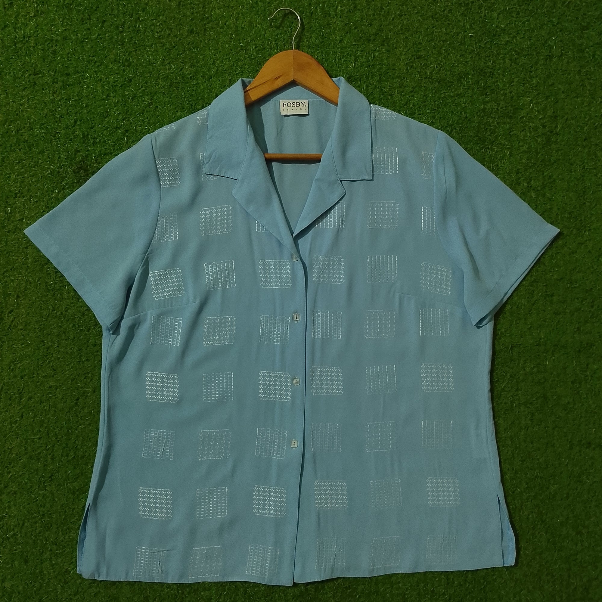Sky Blue Geometric Embroidered Short Sleeve Chiffon Shirt - Full View