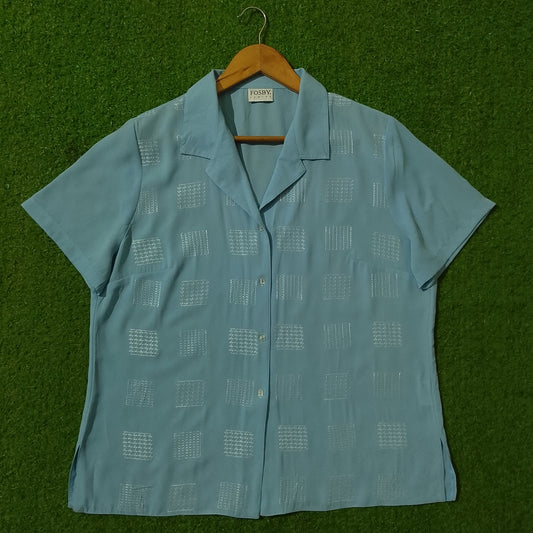 Sky Blue Geometric Embroidered Short Sleeve Chiffon Shirt - Full View