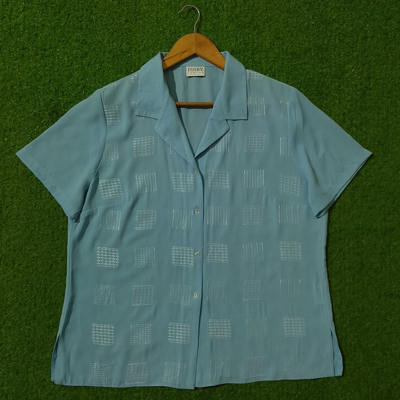 Sky Blue Geometric Embroidered Short Sleeve Chiffon Shirt - Full View