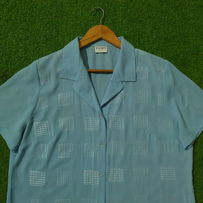 Sky Blue Geometric Embroidered Short Sleeve Chiffon Shirt - Collar Detail - alternate view