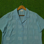 Sky Blue Geometric Embroidered Short Sleeve Chiffon Shirt - Collar Detail