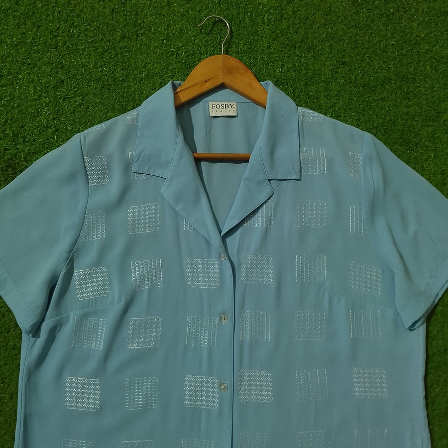Sky Blue Geometric Embroidered Short Sleeve Chiffon Shirt - Collar Detail - alternate view