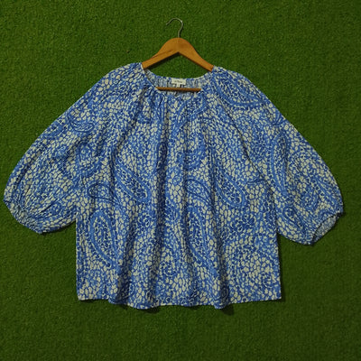 Blue Paisley Print Balloon Sleeve Crinkle Top - Full View